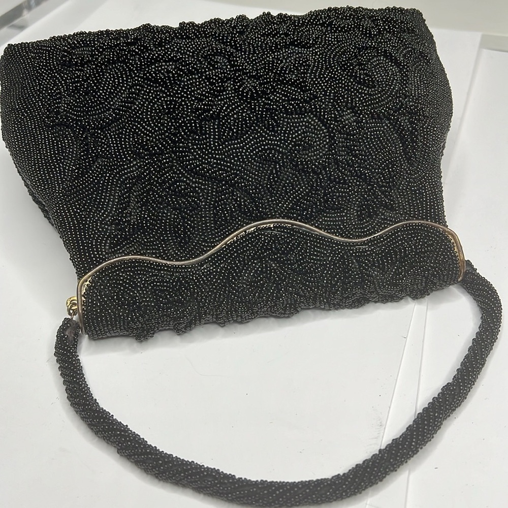 Walborg Black Glass Hand Beaded Handbag Made in Japan Excellent Condition